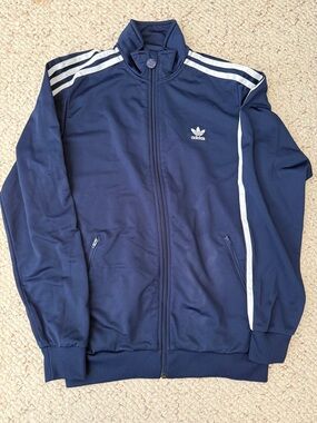 Adidas Navy Zip-Front Track Jacket with White Stripes